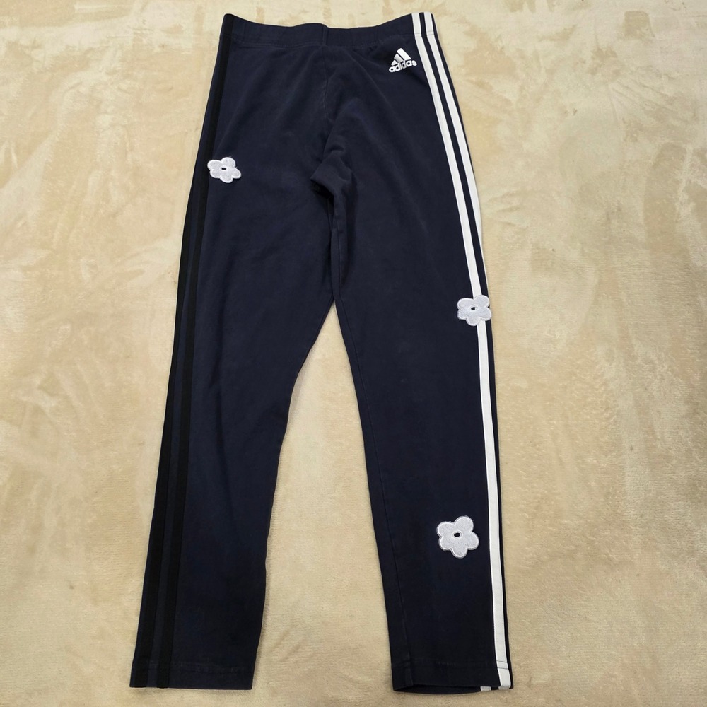 Adidas Girls Youth Leggings Size M 10-12 Navy Blue 3-Stripes Floral Patch Tights